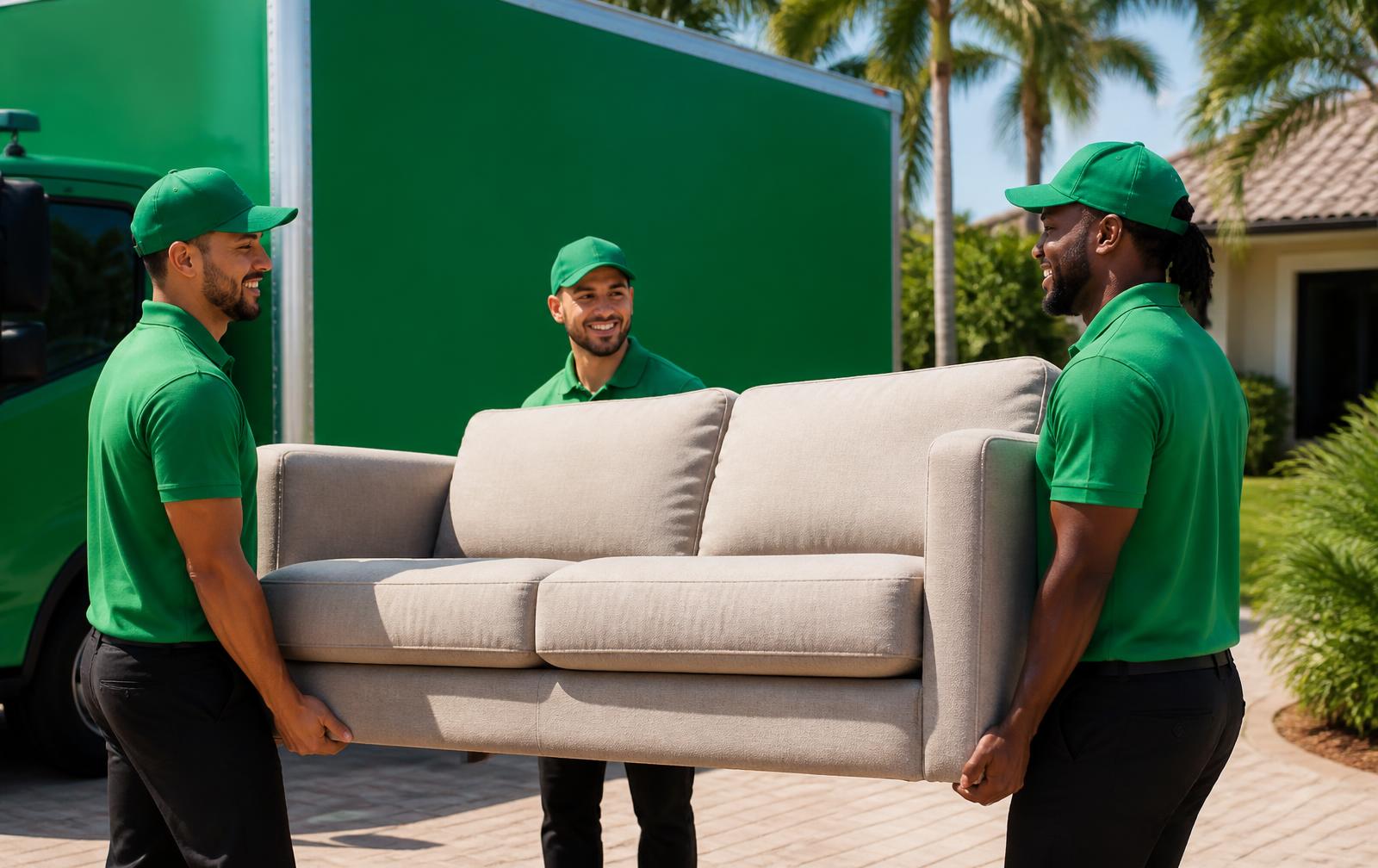 Uniformed junk removal crew loading a couch into a navy box truck at a West Palm Beach home